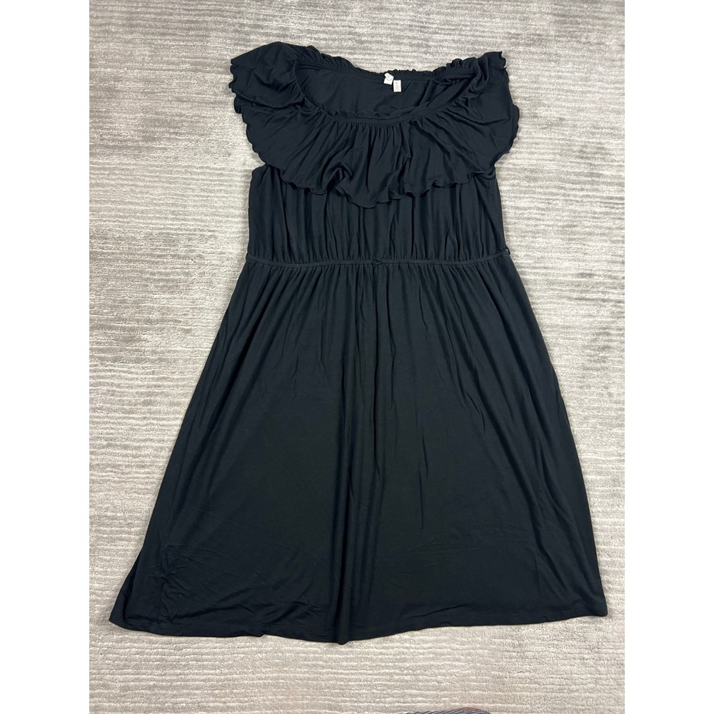 Madison Dress Womens XL Black Ruffle Neck Elastic Waist‎ A-Line Rayon Spandex